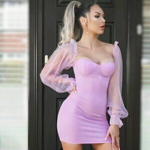 Purple Long Sheer Sleeve Bustier Bodycon Mini Dress